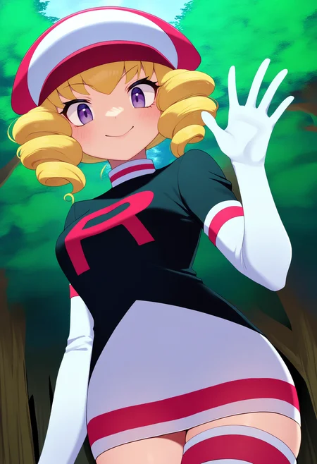 masterpiece, best quality, very aesthetic, absurdres,
1girl, domino, blonde hair, purple eyes, drill hair,
team rocket, thighhighs, team rocket uniform, hat, skirt, thigh boots, elbow gloves,
waving, smile, solo, looking at viewer, trees, forest background, <lora:DominoNoobXL_byKonan:1>