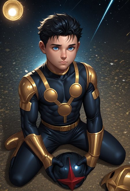 score_9, score_8_up, score_7_up, highly detailed, cute boy, 1boy, solo, young, Sam Alexander, Black Hair, Blue Eyes, Black Bodysuit, Gold Pauldrons, Gold Bracers, Gold Belt, Gold Boots, Helmet Removed, Holding Helmet, single helmet