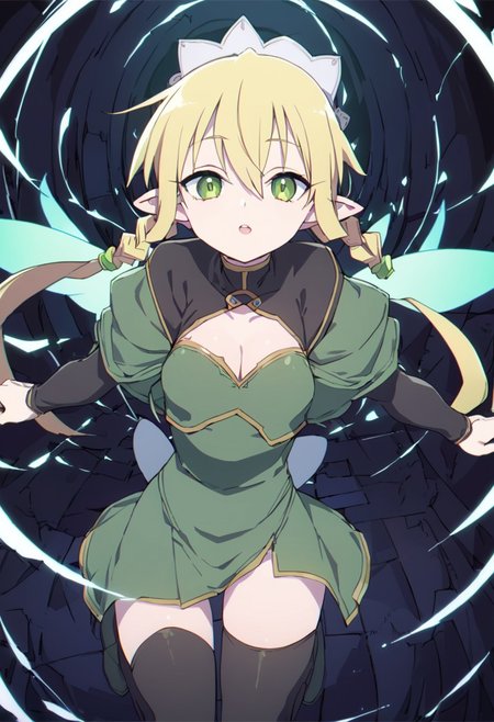 1girl,leafa, teeth, lips, thin lips, solo, looking at viewer, open mouth, upper body, masterpiece, best quality, very aesthetic
(Darken)
(masterpiece, best quality), solo,1girl, long hair, blonde hair, hair between eyes, green eyes, ponytail, braid, pointy ears, twin braids, thighhighs, cleavage, wings, green dress, fairy wings, fairy, multiple wings, spread wings, energy wings, glowing wings, green wings, 
(no black stroke)