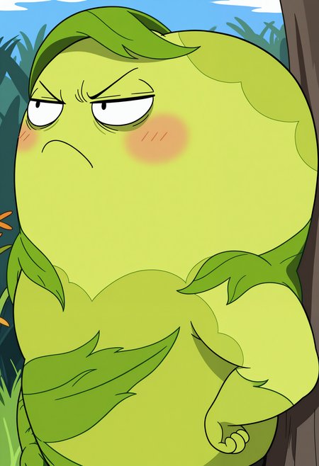 masterpiece,best quality,amazing quality,  1boy, solo, d0nny, plant boy, close up, side angle, outdoors, annoyed, 