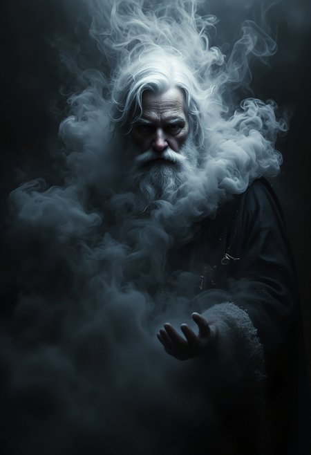 a dipiction of a santa claus, (disintegrating and dissolving into fog and smoke:1.75), (blending form with the black background:1.75). Framed in thick volumetric fog. diffused light, delicatly, whispering, eye catching masterpiece artwork. drifting fog, cracked light and scattering smoke in a dreamlike reality.
