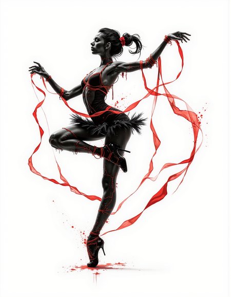 A graphic illustration, black and white, of a dancer in motion with red ribbons.
 <lora:Dieselcore:0.7> d1eselc0re  <lora:Glitchcore_Flux:0.4> gl1tchc0re