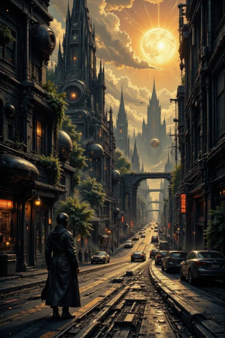 city, street, beautiful misterious futuristic sci-fi cyberpunk landscape, golden hour, woman, very intricate, very detailed, sharp, colorful, <lora:Hand v2:1> <lora:Anti-Blur:1> <lora:Insane Detail Slider:0.5>  <lora:Flux.1_Turbo_Detailer:0.6> <lora:flux.1_lora_flyway_Epic-detail_v2:0.6> <lora:flux-charmer-v1-1:0.4><lora:Vibrantly_Sharp_style_v.5:0.4> <lora:The_Dark_Side_Of_The_Future:0.8> <lora:Neurocore Anime Cyberpunk v2.0:0.7> A digital artwork in the style of cknc