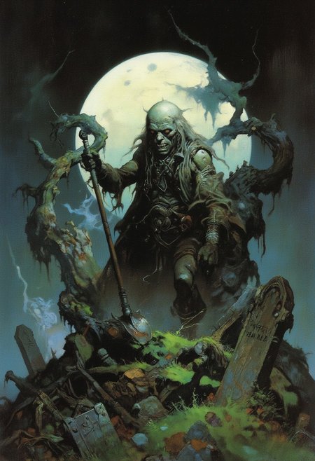 Comic book style 8k high quality digital painting , masterpiece, very detailed, ultra realistic, (best quality) very detailed epic masterpiece, a zombie-like very old man is standing on a churchyard in front of a freshly opened grave, insane facial expression, stringy muddy long hair, pale face, sunken cheeks, opened mouth, lank body, ragged outfit, ragged coat, a shovel in his hand, cemetary with an opened grave, old neglected headstones, high grass, gnarled tree in the background, foggy, full moon, dramatic sky, very dark night, scary scene, action, scary, best quality, epic scene,  Dungeons and dragons atmosphere, heroic fantasy, fna_style, Comic book style