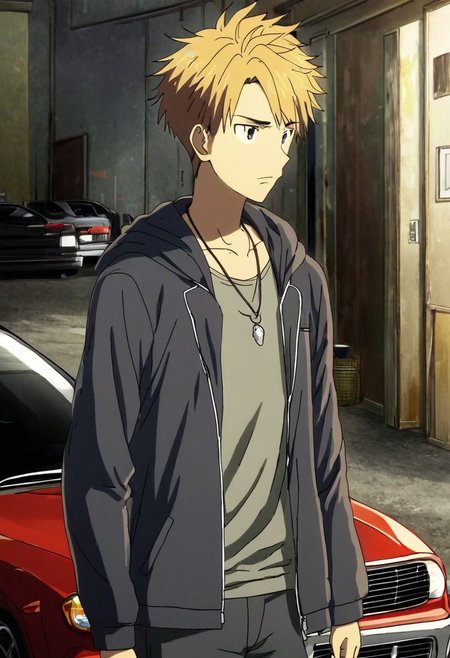 high resolution, solo, best quality, 1Boy, Yamato Ishida, Blond Hair, Necklace, lounge suit, hood,  car garage,  OverallDetail