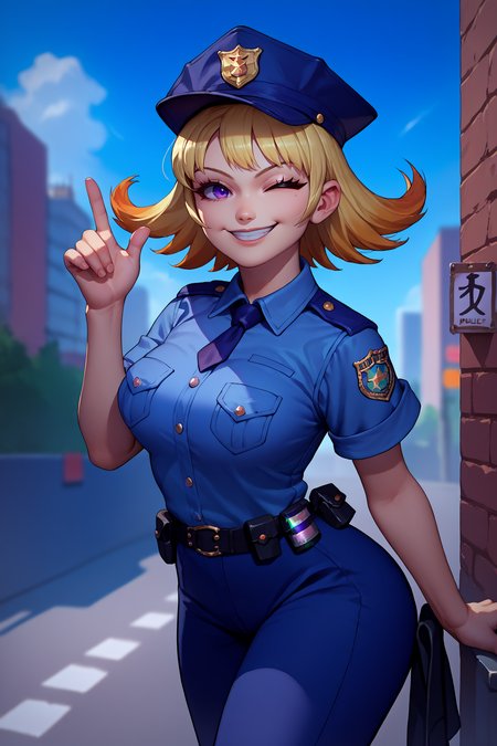 score_9, score_8_up, score_7_up, score_6_up, source_anime, 1girl, solo <lora:phosphora-pdxl-nvwls-v1-000005:1> pspra, blonde hair, orange hair, gradient hair, medium hair, purple eyes, large breasts, police uniform, looking at you, police hat, wink, smile, city, blue sky