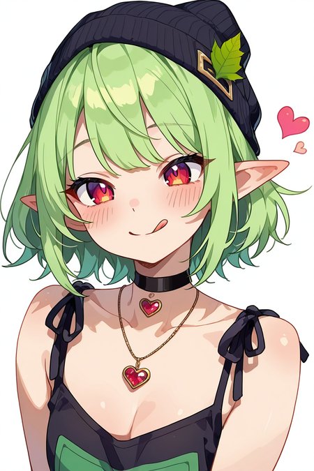 masterpiece, best quality,   <lora:Style55IXL_v5:1.0>, 1girl, solo, blush, smile, short hair, simple background, red eyes, hat, white background, jewelry, upper body, heart, green hair, choker, tongue, pointy ears, tongue out, necklace, black headwear, leaf, black choker, :q, beanie