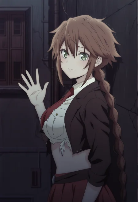 anime screencap, anime coloring, outdoors, alley, waving, resting on wall, looking at viewer, 1girl, brown hair, long hair, braid, green eyes, torn clothes, white shirt, cropped jacket, necktie, red skirt, belt, 
 <lora:Tu_ishura:1>, masterpiece, best quality, amazing quality, very aesthetic, absurdres, highres, newest