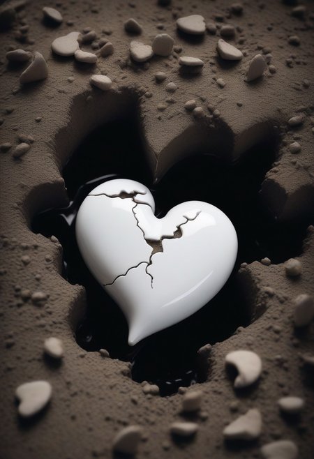 a broken porcelain heart lies on the ground in the mud, a detailed realistic image