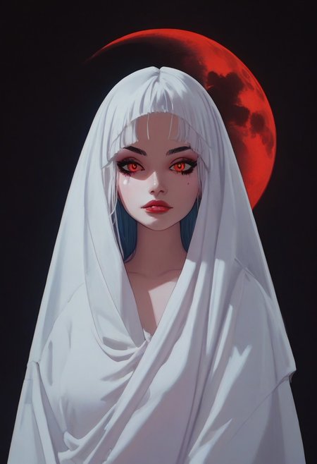<lora:IOS_Iridescent_opal_style:0.6> shiny skin ,highly detailed,cinematic lighting, masterpiece, best quality, highres, intricate details, stunning,perfect face, detailed, skin saturation, epic realism, score_9, score_8_up, score_7_up,(realistic lighting),godrays,
1girl, score_9, score_8_up, score_7_up, flat color, g4n1m3, comicbookpage style, high contrast, 
a surreal, haunting illustration featuring a ghostly figure standing under a massive red moon against a dark purple and pink sky. The figure is covered in a white sheet with glowing red eyes visible through the fabric, creating a mysterious, ominous presence. They are holding a black cat with similar glowing red eyes, which adds to the eerie atmosphere. The background includes dark silhouettes of plants and abstract shapes, enhancing the supernatural and unsettling vibe. The overall color palette is dominated by reds, purples, and deep shadows, evoking a gothic, otherworldly mood
abstract background,((night)) ,