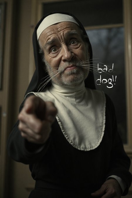 low angle shot, caricature, persnickety old cat nun with disapproving look on her face pointing at the camera, with text that says ‘bad dog!’ cinematic_1940s cinematic_octane