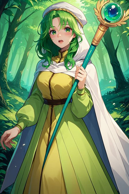 score_9, score_8_up, score_7_up, score_6_up, source_anime, 1girl, solo,<lora:fesafy-pdxl-nvwls-v1-000005:1> safy, green hair, long hair, green eyes, hood, white cloak, green dress, long dress, breasts, holding staff, forest, looking at you, open mouth, blush