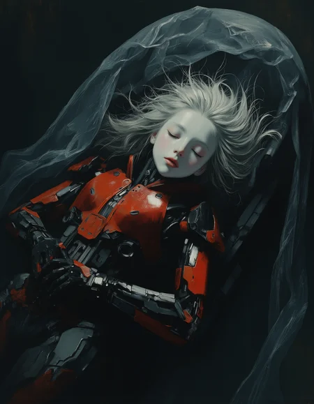 masterpiece, high quality, Oil Painting, Hyper-realistic, tiny tween android robot girl wearing black and red robotic armor, laying in a fetal position, sleeping in a glowing transparent cocoon in a dark ally of a cyberpunk city. The android has luminous, almost ethereal white porcelain skin, closed eyes, a fragile skinny robotic body, and long white hair. She sleeps peacefully i the glowing cocoon, protected from the harsh world outside of the cyberpunk city. Focus on the girl, shadow and light, Masterpiece, intricate lines, intriguing atmosphere, sharp magnificent details, delicate features, elaborate details, (2/3 rule composition:0.5), ultra detailed, romantic, Rembrandt lighting, brush stroke, lovely, del1cate_balance style, novuschroma, in the style of Rembrandt. vantablack <lora:style_of_Rembrandt_FLUX_135:.8> <lora:- Flux1 - vanta_black_V2.0:.6> <lora:Delicate_Balance:.3> <lora:neeeg_f1:-1> <lora:113_novuschromaFLX_1:.3> <lora:Midjourney_Whisper_Minimal:.4> <lora:SCI_FACTOR_COREV2:.9>