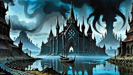 fantasy romania, Lovecraftian Dreamlands, landscape of a Uptight (wide river used by keelboats:1.3) in the distance there is The Salt Lake Temple, dense city, Smoky Conditions, designed by Richard Parkes Bonington, Overdetailed art, Depth of field 270mm, Azure splash, <lora:EnvyPulpFantasyXL-prod-weighted.:1><lora:HorrorAI:0.41> gothichorrorAI, dynamic dramatic atmosphere, lush, elaborate, excellent composition