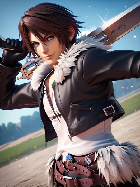 score_9, score_8_up, score_7_up, 1boy, weapon over shoulder, valley,  fight pose, particles around, looking at viewer, cowboy shot, dynamic pose, smile, wide shot, dutch angle, detailed background,
 <lora:Squall_character:0.8>, SquallXLP, brown hair, blue eyes, scar on face, black jacket, gloves, fur trim, white shirt, belt, gunblade, (3dstyle:1.2),
