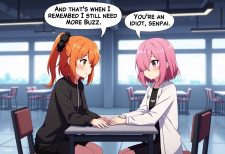 2girls, in a sci-fi cafeteria, looking at each other, 
("And that's when I remembered I still need more Buzz" in a speech bubble to the left), one woman has shoulder length orange hair, side ponytail, black scrunchie, yellow eyes, black jacket, black skirt
("You're an idiot, senpai" in a speech bubble to the right) the other has short pink hair, bangs over one eye, purple eyes, white coat, black shirt, skirt, annoyed