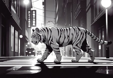 white tiger, walking, crossing, animal focus, pedestrian crosswalk, no cars, no humans, street lights, shadows, volumetric lighting, monochrome, grayscale, high contrast, street photography \(style\),  photo \(medium\), from side, 35mm, close up depth of field, bokeh, scenery, film grain, masterpiece, best quality, good quality, very awa, very aesthetic, absurdres, newest, opill