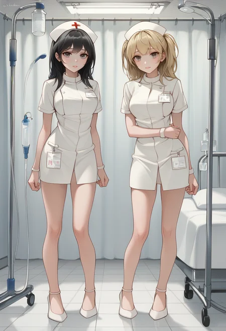 score_9, score_8_up, score_7_up, source_anime BREAK 2girls, <lora:chowbie-artist-richy-v1_pdxl:1> nurse, nurse cap, standing, full body, indoors, hospital, blonde hair, two side up, black hair, ponytail, looking at viewer