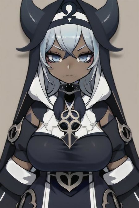 Devil, horns, body mods, chibi, huge breasts, thick thighs, muscular, ((dark tan skin)), white hair, ((navy hair streaks)), short spiky scene hair, slanted blue eyes,blue tribal cloud tattoos, non human, monster girl, bad ass, ((nun)), huge fluffy white scarf, (( hooded jumpsuit)), ((steampunk)), ((y2k aesthetic)), black, white, navy, light blue, 3d render, chibi, ((Kaeya Alberich inspired outfit)), poofy hair, eyeliner, emo, emo makeup, goth, wrench_genshin_style, chara-sheet