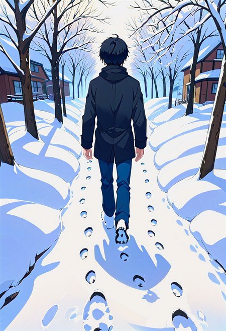 high resolution, solo, best quality, 1Boy, Arata Kaziaki, Black Hair, Blue Eyes, Walking in the snow, footprints, winter, serene,