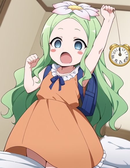 score_9, score_8_up, score_7_up, source_anime, <lora:celine-darkness-ponyxl-lora-nochekaiser:1>, celine, long hair, blue eyes, hair ornament, flower, green hair, hair flower, wavy hair, blush stickers,, dress, backpack, orange dress, frills,, bedroom, alarm clock, morning routine, yawning, stretching, on bed, , <lora:pendulum-ponyxl-lora-nochekaiser:1>, pendulum, holed coin, coin on string, hypnosis, mind control, coin, @ @,, looking at viewer, solo,, dutch angle, cowboy shot