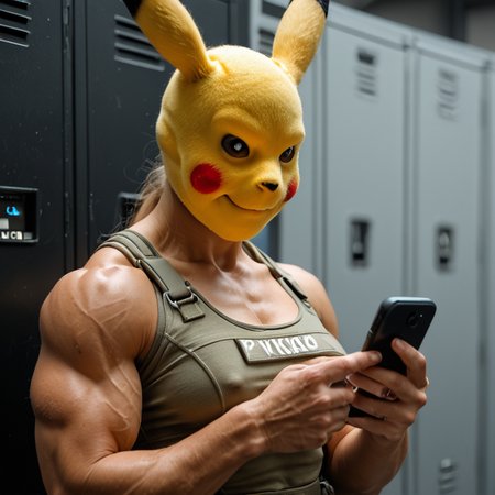 (pikachu mask:2), 1girl, 30yo, woman, blonde, muscular, toned, fit, woman, pajama, clothed:2, (yellow clothes), (tight clothes) <lora:Texting:1> t3xting, texting, phone <lora:PONY Muscle Slider 2 14toomuch LORA:1.5> muscular <lora:XL Dark Chiaroscuro LORA:0.3> <lora:Fant5yP0ny:0.8>, (bulletproof vest) <lora:ILL_pokies_LoRA:0.2> (pokies, 1girl, solo, breasts, covered nipples), (server_hall), hostages, (round breasts)