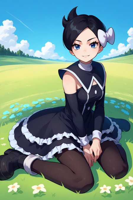 score_9, score_8_up, score_7_up, score_6_up, source_anime, 1girl, solo,  <lora:pkmnmarley-pdxl-nvwls-v1-000006:1> pmMly, black hair, short hair, blue eyes, hair bow, white bow, black dress, clothing cutout, frilled dress, sleeveless, detached sleeves, black pantyhose, blue sky, field, medium breasts, sitting, black boots, looking at you, smirk, meadow, blue sky, trees
