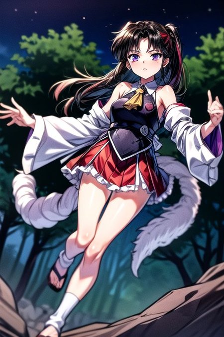 masterpiece,  best quality 1girl Setsun4 solo long hair,  (night time) forest background black hair very long hair purple eyes multicolored hair armor (fur trim) (medium body),<lora:EMS-179-EMS:0.800000>,<lora:EMS-293862-EMS:0.800000>ascot, bare shoulders, black footwear, detached sleeves, embellished costume, frills, japanese clothes, nontraditional miko, red skirt, sandals, sarashi, skirt, socks, white sleeves, white socks, wide sleeves, yellow ascot, zouri, armor, miko