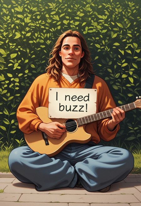 need_buzz, holding sign, ((panel with message "I NEED BUZZ, PLEASE")), 1boy, sitting on floor, playing a guitar, hippie clothes, park background, looking at viewers, panel in front of boy