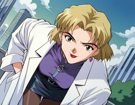 score_9, score_8_up, score_7_up, source_anime,
ritsukoakagi,  <lora:ritsuko-akagi-classic-ponyxl-lora-nochekaiser:1>,
ritsuko akagi, short hair, blonde hair, mole, mole under eye, parted bangs, green eyes,
lipstick, skirt, jewelry, pantyhose, earrings, belt, pencil skirt, labcoat, shirt, purple shirt, turtleneck, zipper,
cityscape, bent over, smile,
cowboy shot, looking at viewer, solo, dutch angle,