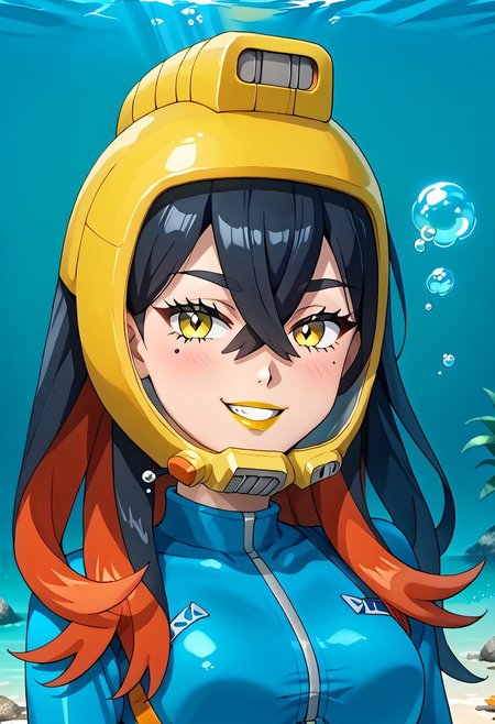 PokemonStyle, pokemon \(anime\), full body,solo female, score_9, score_8, score_7, score_6_up, source_anime, anime coloring, anime screencap, official art,
BREAK full body, 1girl, black hair, colored inner hair, crossed bangs, hair between eyes, hairband, long hair under helmet, mole, mole under eye, multicolored hair, red hair, sidelocks, two-tone hair, yellow eyes, low lipstick only, floating hair, (blue wetsuit), long sleeves, bare legs, beautiful legs, barefoot,
BREAK
(pokemoncarmine wearing (snug fitting, head-sized(yellow diving helmet clamped to face))), (helmet overlapping chin, helmet overlapping cheeks, helmet overlapping jawline, helmet overlapping ears), shiny glass visor:0.5, 
BREAK underwater, seafloor, rocks, sea-green background:0.25, sea-green overlay:0.55, seaweed, neck 
BREAK blue background:0.25, bubbles, BREAK mask snugly on face, regulator, breathing tube, orange oxygen tank strapped to back, harness tightly on chest, belt, swimmingai, floating, bubbles, looking at viewer, diving, smug, clenched teeth, flustered, vents on helmet,