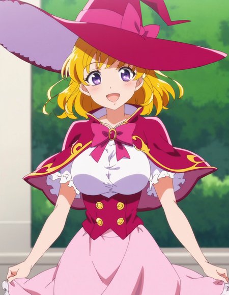 score_9, score_8_up, score_7_up, anime screencap, solo,1girl,asahinamiraimd,school uniform, witch, pink witch hat, pink skirt,frilled skirt,capelet,suspender,purple eyes,blonde hair,smile, looking at viewer,cowboy shot,large breasts ,blush,open mouth<lora:asahinamiraimd:0.8>