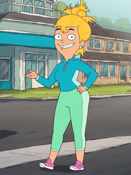 <lora:AnnieHarrisPony1.0:1> annieharris, blonde hair, 1girl, solo, earrings, hair bun, green pants, blue track jacket, long sleeves, smile,standing, outdoors,  pink sneakers,looking at viewer, hand on own hip,, score_9, score_8_up, score_7_up, score_6_up, score_5_up, score_4_up