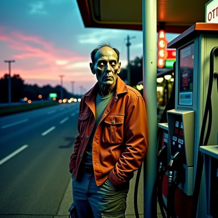 analog film photo Half-body portrait, overgrown highway gas station at dusk: A male zombie leans against a gas pump, wearing a faded orange jacket and cargo pants. One hand is jammed in his pocket; the other hangs loosely, fingers curled and dry. His jaw is misaligned slightly, but his face is expressionless, almost relaxed. His sclera eyes are completely white, (white eyes) with small scratches in the corneas. Shot with a Mamiya 7 and 80mm lens, film: CineStill 800T, with lighting from flickering gas station signs and a dying sunset behind the station canopy. Rusted signage glows in neon pink and green. His skin shows ageâdehydrated lips, cracked eyebrows, shallow peeling on the forehead, one tear-shaped blood streak dried down the cheek. It's hauntingâbut poetic. <lora:undead denizens v2.2:1> . faded film, desaturated, 35mm photo, grainy, vignette, vintage, Kodachrome, Lomography, stained, highly detailed, found footage