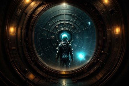 a portal back into 1903, the portal is built in Lawrence Livermore Labs, in a special chamber room monitored by a team of watching scientists.  A man in a hazmat suit approaches the surface of the time portal, where he can see the streets of New York circa 1903, amazing, captivating and amazing moment, 
highly detailed,