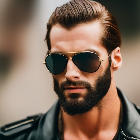 portrait photo of GigaChad wearing aviator sunglasses, square jaw, hasselblad, bokeh, hyperrealistic, dramatic lighting, art by photohelper