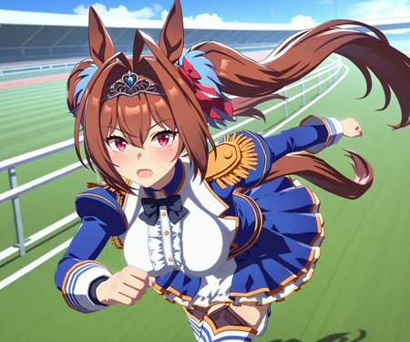 masterpiece, best quality, amazing quality, , 1girl, solo, looking at viewer, umamusume, racetrack, running,    <lora:Daiwa Scarlet in game style 3D:1> ummsmingame, 3d, daiwa scarlet \(umamusume\),