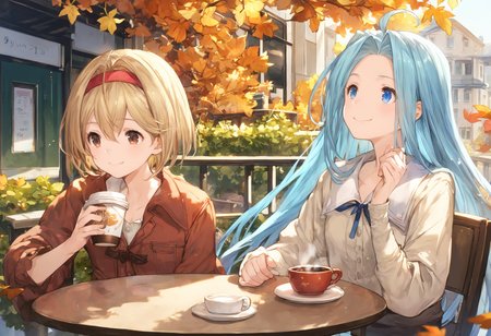 score_9, score_8_up, score_7_up,score_6_up, source_anime, best quality, aesthetic, absurdres, extremely detailed, kyoani,
2girls, yuri, (happy smile:1.1), outdoors, autumn, cafe, balcony, table, coffee cup, looking at each other, 
lyria \(granblue fantasy\), very long hair, blue hair, ahoge, blue eyes, (body_slim, skinny:1.2), small breasts,
BREAK
djeeta \(granblue fantasy\), blonde hair, short hair, hairband, brown eyes, (medium breasts:0.7),
<lora:JitaRuri-Pony:0.7> jitaruri, clear eyes,  <lora:IshikePony:0.3>,
