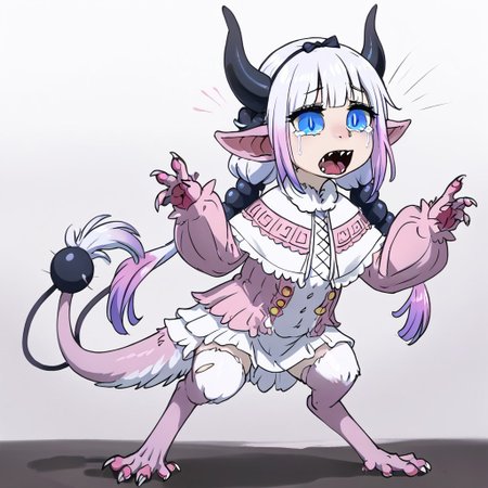 score_9, score_8_up, score_7_up, source_anime, source_furry, realistic, ((bytransform)), ((transformation)), uneven transformation, asymmetrical transformation, mid transformation, dynamic pose, full body, human girl, petite cute, scared, terrified, screaming, crying, Kanna_Kamui to yinglet transformation, blue_eyes, slit_pupils, pink_hair, low_twintails, long_hair, blunt_bangs, gradient_hair, flat_chest, dragon_horns, tail, hair_beads, black_hairband, hair_bow, black_bow, hybrid human yinglet feet, [digitigrade legs], hybrid human yinglet hands, looking at self in shock, shocked expression, scared expression, scared body language, (Kanna_Kamui transforming into a yinglet), multibreast, covered multibreast, 4breast, torn clothing, oversized clothing, clothes falling off, frilled_dress, pink_dress, frilled_capelet, fur-trimmed_capelet, white_capelet, white_thighhighs, puffy_long_sleeves, pink_sleeves, 1girl, solo, (hybrid colored fur:0.5), monster girl, realistic, (tail), (cutie, young, soft features:1.1), long ears, small body, diminutive, short body, petite cute, nubile 18yo girl, Expressiveh, snout, pained expression, wincing face