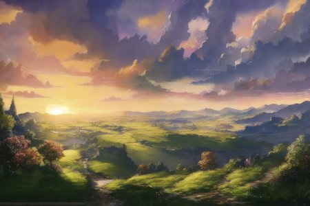 walled city in the distance, forested hills, sun in sky, clouds, creek, dirt path, watercolor,  <lora:FantasyLandscape:1>