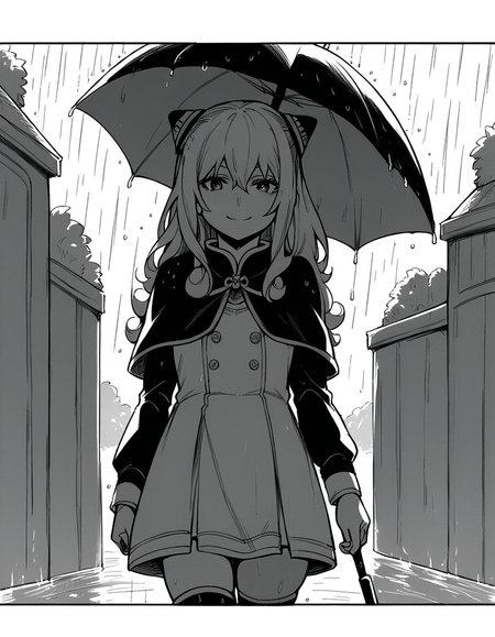 score_9, score_8_up, score_7_up, source_anime, <lora:ashe-talton-manga-ponyxl-lora-nochekaiser:1>, rengoku ashe, long hair, greyscale, monochrome,, thighhighs, long sleeves, capelet, cape, dress, white dress,, rainy day, umbrella, walking home, puddles, wet hair, smile, looking at viewer, solo,, cowboy shot, dutch angle