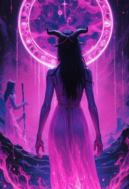 Styled by Katsuhiro Otomo,  (tarrot card) showing excess and seduction, slaanesh, pink, purple, runes, (Synthwave) , abstract lines , (minimalism 1), ray tracing details in the style of Stephen Gammell.