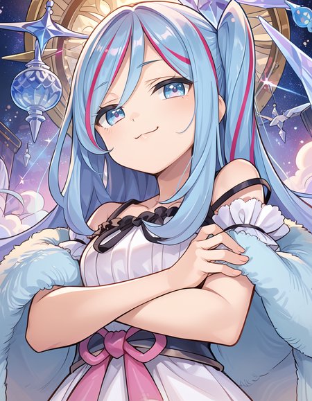 (score_9:0.9),score_8_up,score_7_up,rating_safe,anime style,(zPDXL),(zPDXL3),
<lora:Witchcrafter Madame Verre ponyXL v1:0.72>,  witchcrafter madame verre, smug, crossed arms, 1girl, looking at viewer,  solo focus, smile, solo, upper body, doyagao, white sleeveless dress, white detached sleeves, from below, fur trim boa, one side up, crystal hair ornament, official art