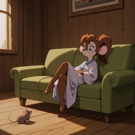 masterpiece, best quality, amazing quality, tanyafgwil, anthro, female, mouse, brown fur, blue eyes, brown hair, ponytail,  whiskers,   full body, one 1girl, solo, barefoot, inside, siting on a couch, legs crossed, robe,