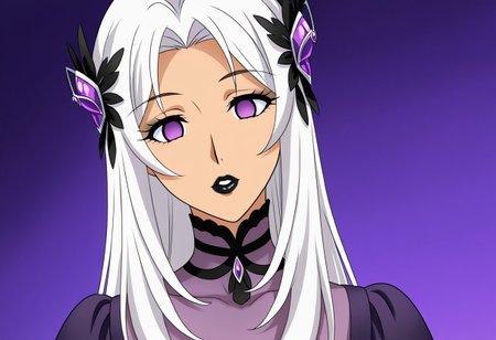 anime, empty eyes, hypnotized, lipstick, black lipstick, glossy lips, one female, adult, casual dress, long hair, white hair, purple eyes, hair decoration