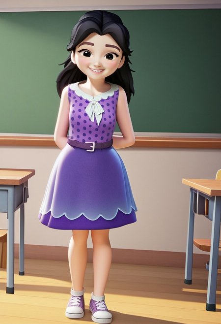 (zPDXL3) source_cartoon,
emma_lego, black hair, long hair, black eyes, polka dot dress, purple dress, sleeveless, belt, shoes, smile, teeth, blush, looking at viewer, classroom,
detailed, perfect, perfection, hands,
<lora:hand 4:0.8>,   <lora:Emma:1>