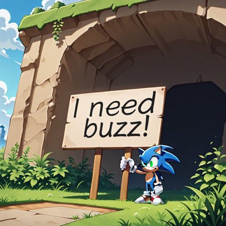 Sonic, the hedgehog, idle, standing, RidersIL, sonic (series), outdoors, need_buzz, holding sign