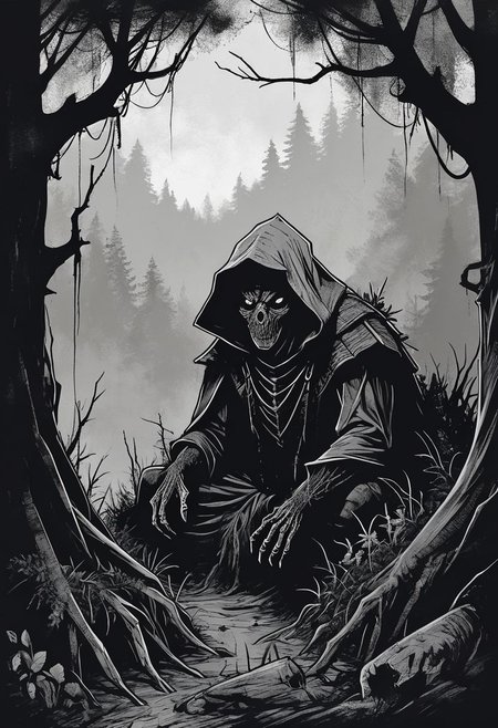 concept art, ink art, black and white, medieval,
A overgrown forest, giant spider, loneliness, peasant hiding from spider,