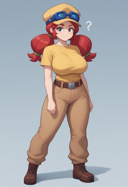 score_9, score_8_up, score_7_up, BREAK, ,<lora:bsjessie:1>bsjessie , 1girl , red hair , hat , goggles on headwear, yellow shirt ,brown pants , belt ,pigtails,posmach <lora:PossumMachine:1> ,confused, looking at viewer,
<lora:PossumMachine:1>posmach ,confused, solo half closed eyes, smirking,  sexy posing against viewer, full body portrait, skinny,very huge breasts, very huge ass, very huge thighs,hanging breasts, rear view, head turned, looking at viewer, 
 tummy visible,