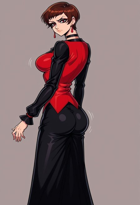 , ,source_anime, vicekfs,vice_(kof) , perfect big breasts, alluring , brown reddish hair ,very short hair , earrings, choker   , long  sleeves , vestthigh strap, long dress,pantyhose, ankle boots, beautiful face ,  (good anatomy),short hair,beautiful eyes, red eyes,black eyeshadow , motion lines , dramatic light,perfect hands ,   ,sexy,  , in a  dark grey aura background ,solo,  , perfect beautiful face, ( serious),head tilt ,wind effect ,nsfw, ,  (  , showing perfect ass) , looking at viewer, erotic pose, ass spread